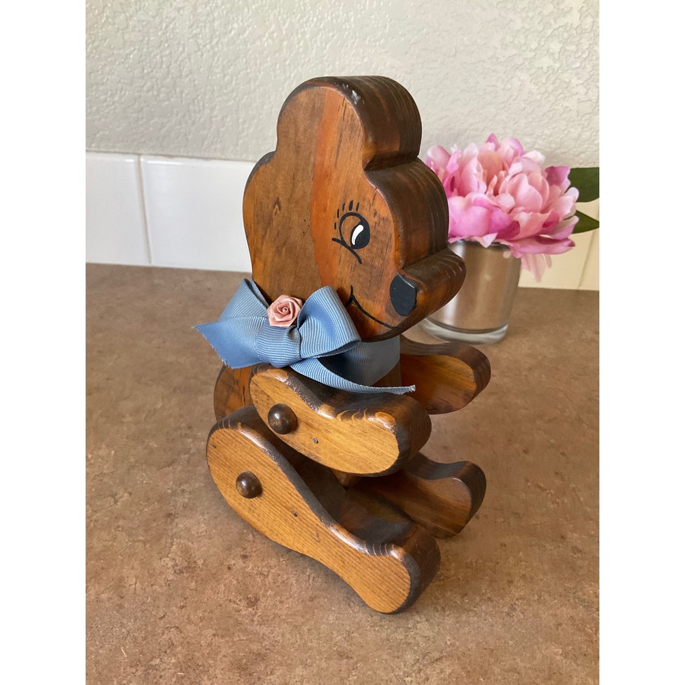 Vintage Wooden Teddy Bear Figurine Hand Painted Blue Bow Nursery Decor 9.5 Inch